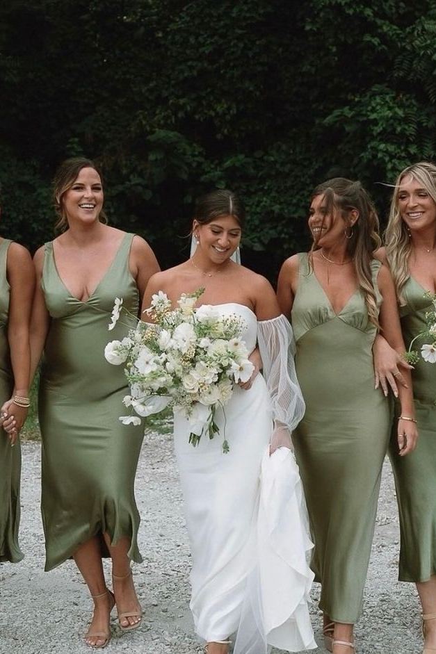 Olive V-Neck Straps Satin Sleeveless Pleated Bridesmaid Dress