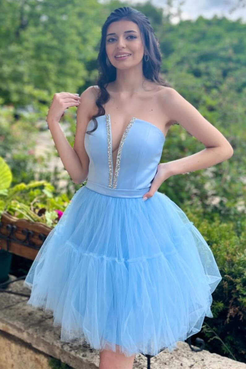 Light Blue Strapless Lace-Up A-Line Homecoming Dress – Modsele