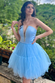Light Blue Strapless Lace-Up A-Line Homecoming Dress
