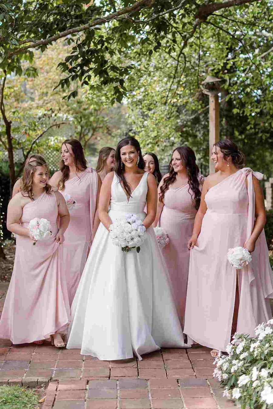 Pink One Shoulder A-Line Satin Long Bridesmaid Dress with Slit