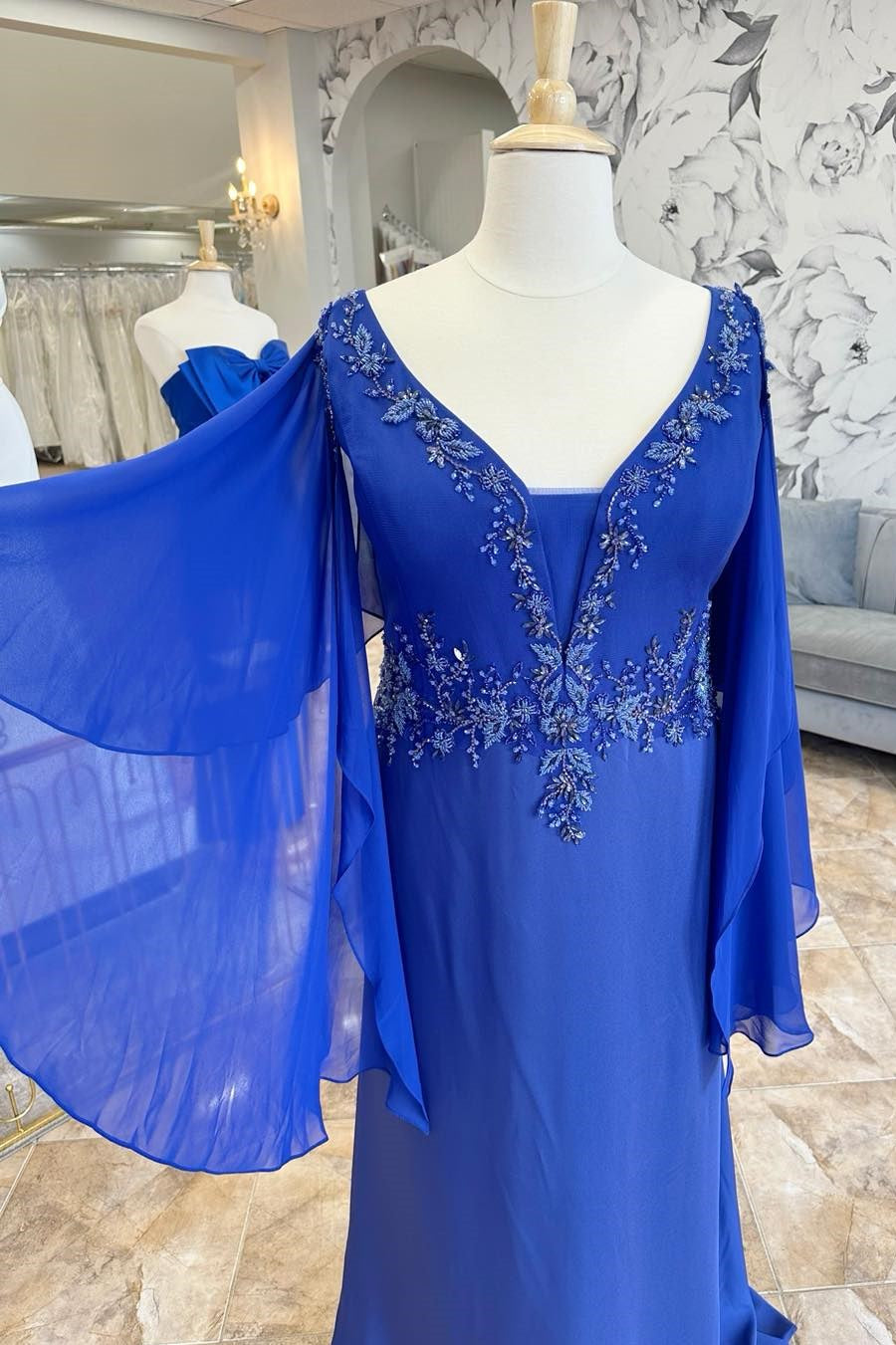 Royal Blue Beaded Embroidery Mother's Gown with Tiered Sleeves