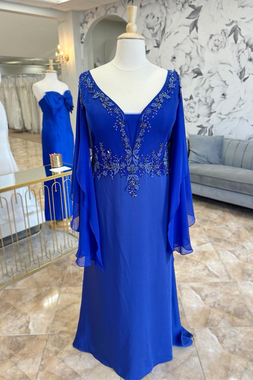 Royal Blue Beaded Embroidery Mother's Gown with Tiered Sleeves