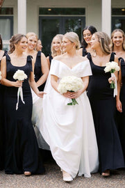 Black Straps with Bows Mermaid Satin Pleats Long Bridesmaid Dress