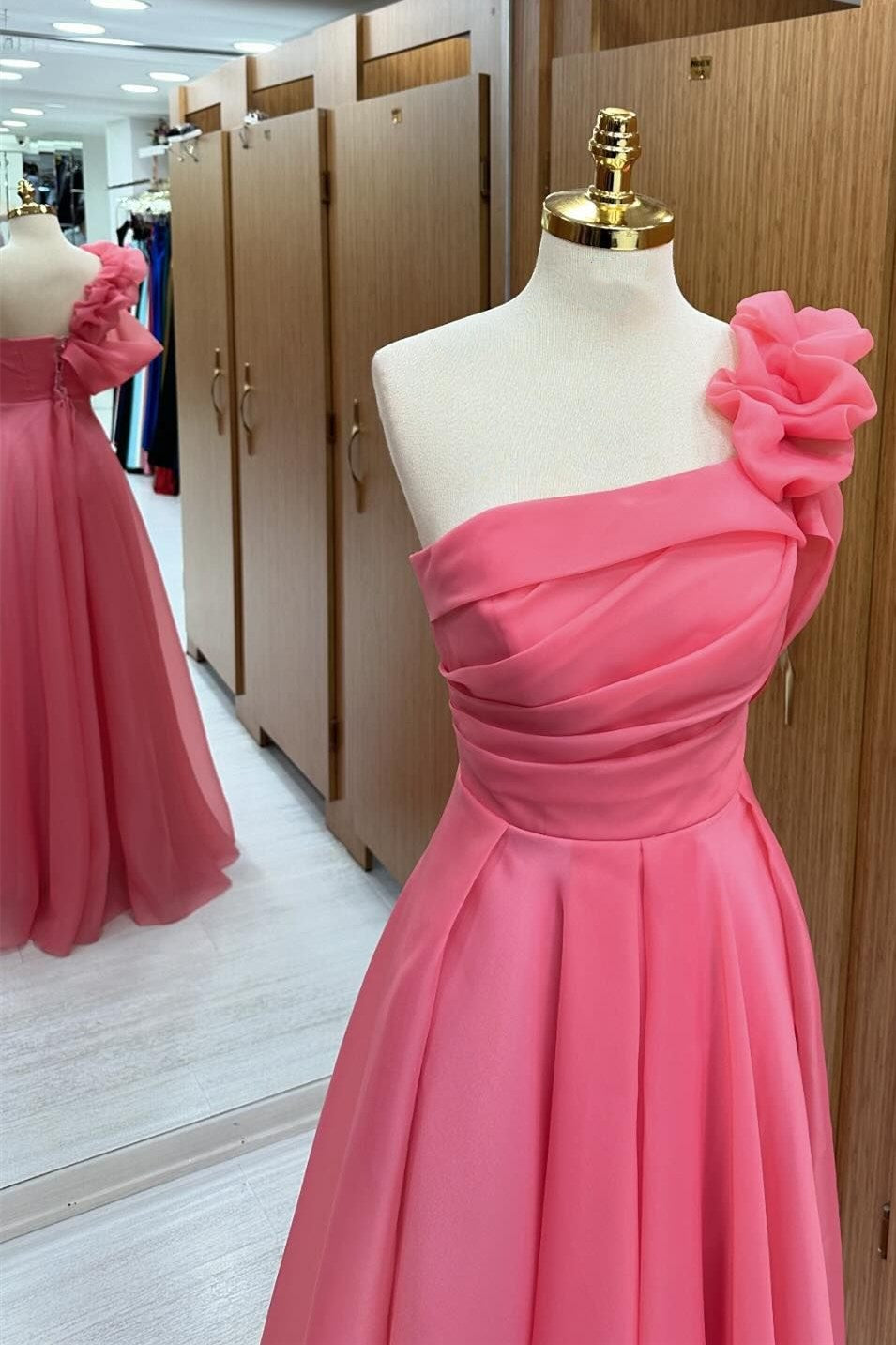 Pink One-Shoulder Ruffle Long Prom Dress