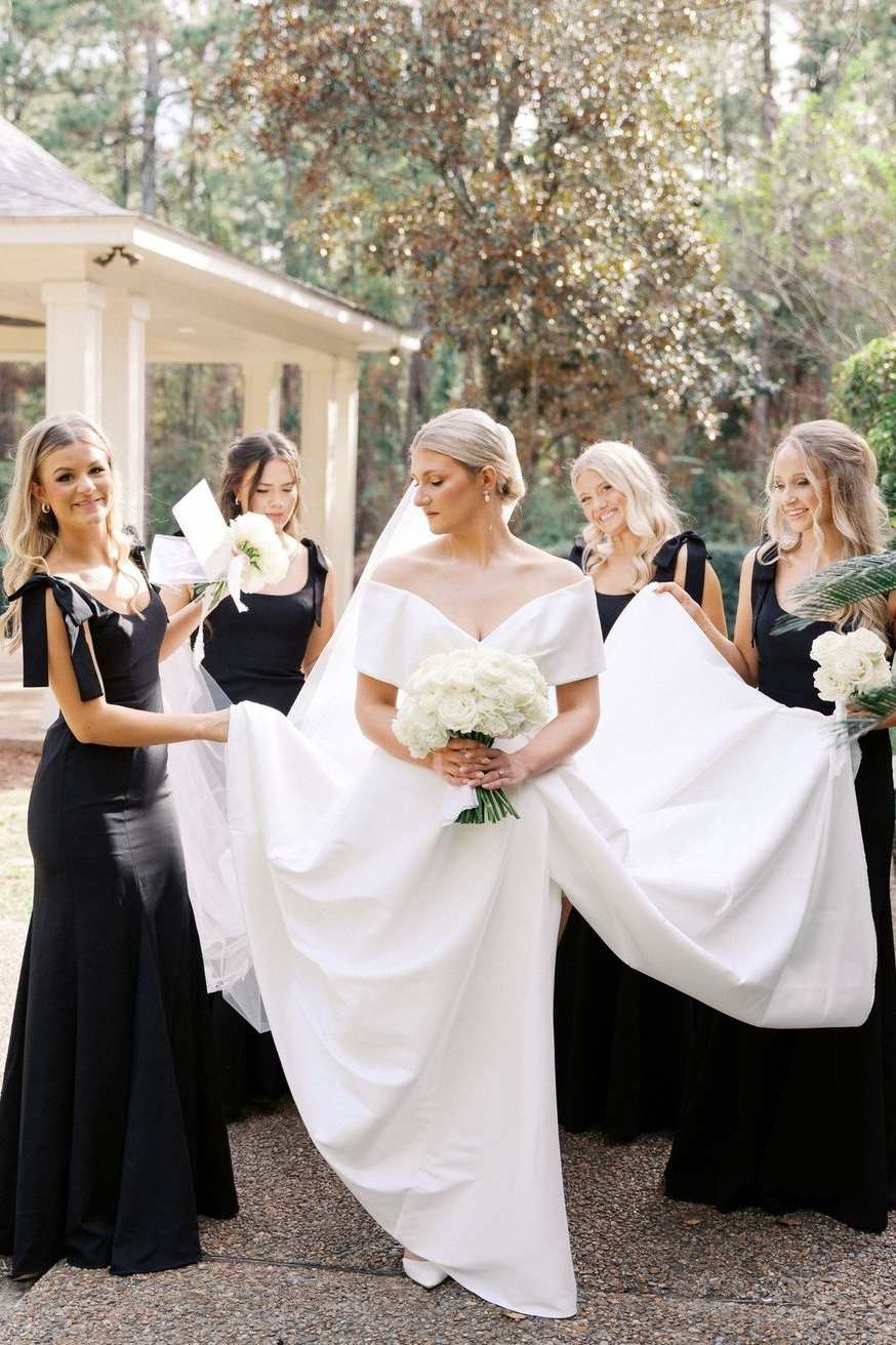 Black Straps with Bows Mermaid Satin Pleats Long Bridesmaid Dress