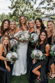 One Shoulder Black Satin Pleats Long Bridesmaid Dress with Slit Modsele One Shoulder Black Satin Pleats Long Bridesmaid Dress with Slit Modsele