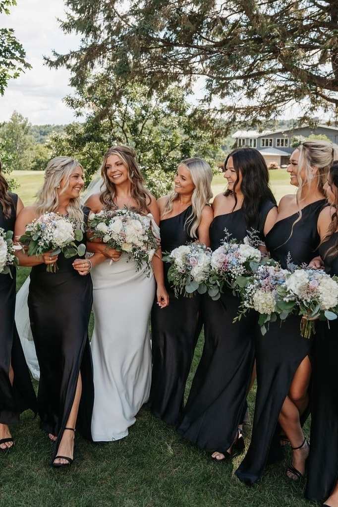 One Shoulder Black Satin Pleats Long Bridesmaid Dress with Slit Modsele One Shoulder Black Satin Pleats Long Bridesmaid Dress with Slit Modsele