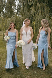 Spaghetti Straps Blue Satin Pleats with Slit Simple Long Bridesmaid Dress