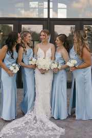 Spaghetti Straps Blue Satin Pleats with Slit Simple Long Bridesmaid Dress