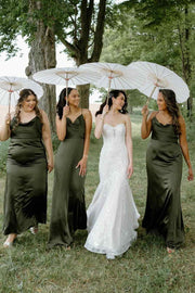 Olive Cowl Neck Spaghetti Straps Satin Pleated Long Bridesmaid Dress