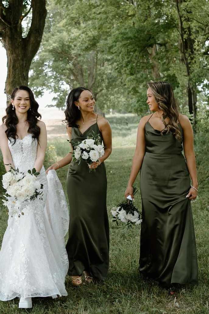 Olive Cowl Neck Spaghetti Straps Satin Pleated Long Bridesmaid Dress