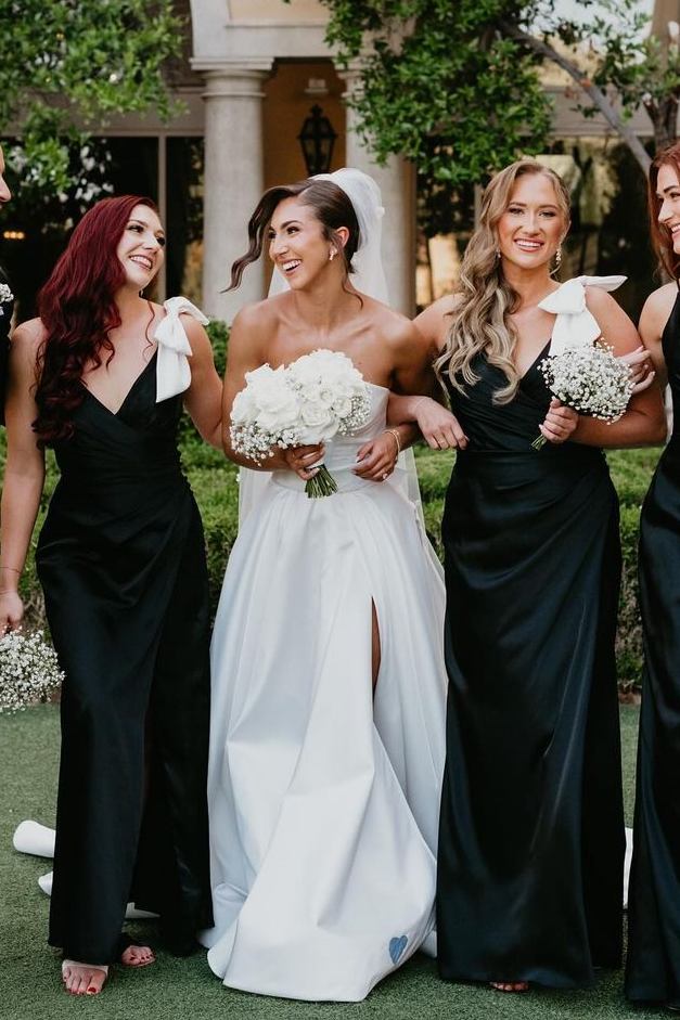 Black V-Neck Spaghetti Straps Satin Long Bridesmaid Dress with Bow