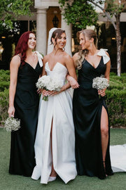 Black V-Neck Spaghetti Straps Satin Long Bridesmaid Dress with Bow