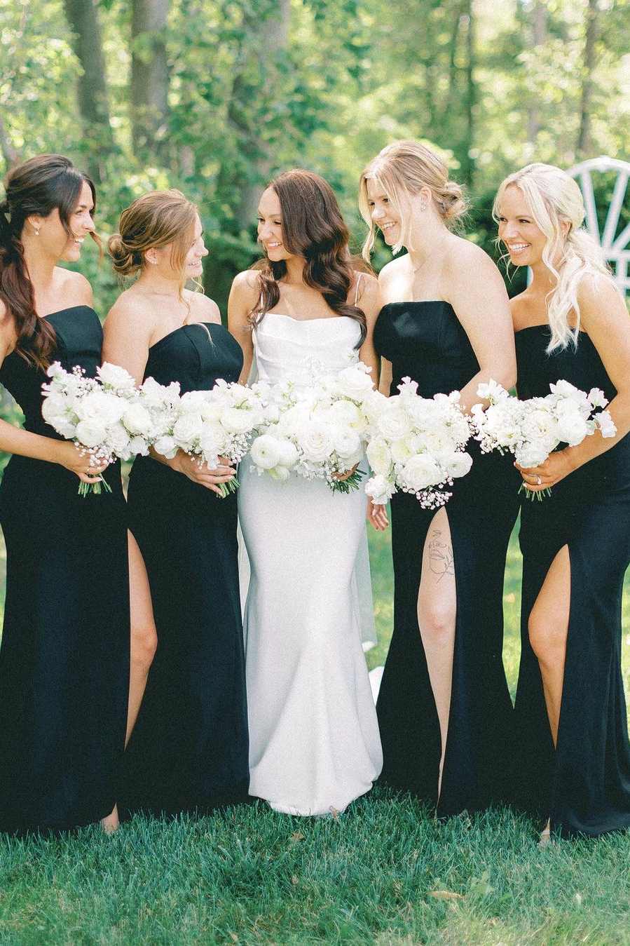 Black Strapless Mermaid Satin Sleeveless Long Bridesmaid Dress with Slit