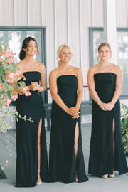 Black Strapless Mermaid Satin Sleeveless Long Bridesmaid Dress with Slit