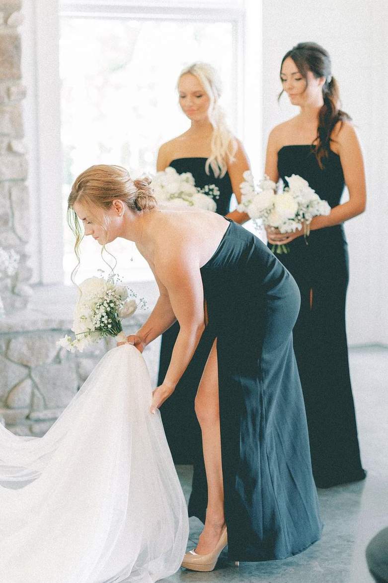 Black Strapless Mermaid Satin Sleeveless Long Bridesmaid Dress with Slit