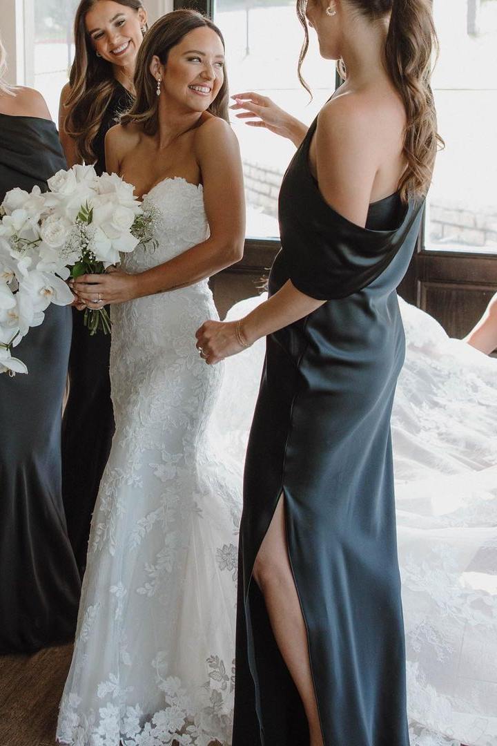 One Shoulder Black Satin Pleated Long Bridesmaid Dress with Slit