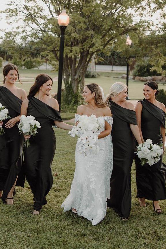 One Shoulder Black Satin Pleated Long Bridesmaid Dress with Slit