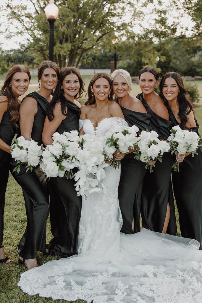 One Shoulder Black Satin Pleated Long Bridesmaid Dress with Slit