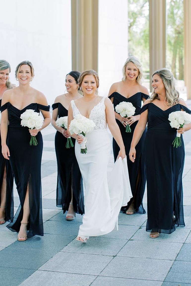 Black Off-Shoulder Side Slit V-Neck Chiffon Long Bridesmaid Dress