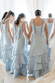 Light Blue Straps with Bows Mermaid Satin Tiered Long Bridesmaid Dress