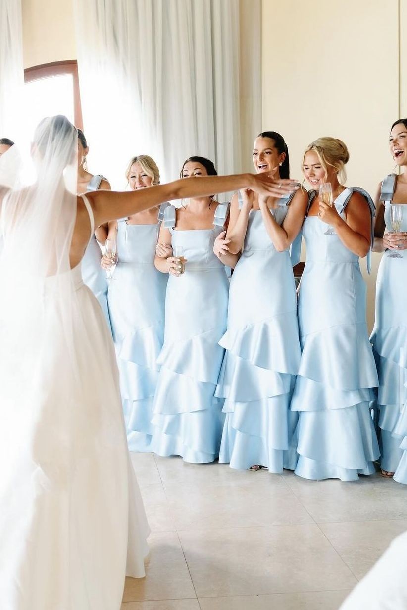 Light Blue Straps with Bows Mermaid Satin Tiered Long Bridesmaid Dress