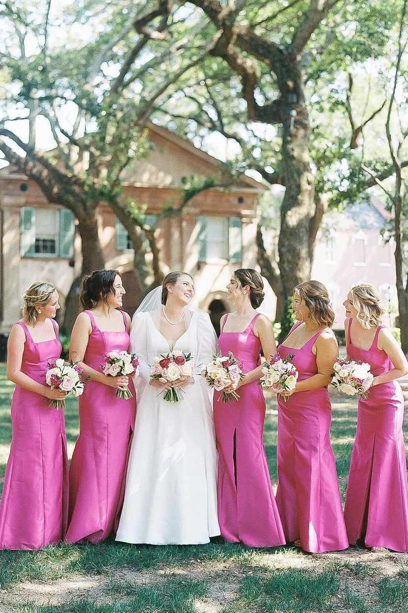 Pink Straps Square Satin Sleeveless Mermaid Bow Long Bridesmaid Dress