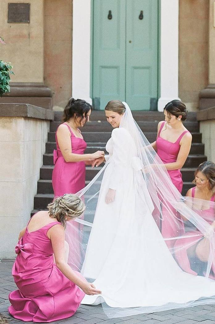 Pink Straps Square Satin Sleeveless Mermaid Bow Long Bridesmaid Dress