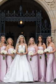 Strapless Pink Scoop Pleated Satin Long Bridesmaid Dress with Big Bow