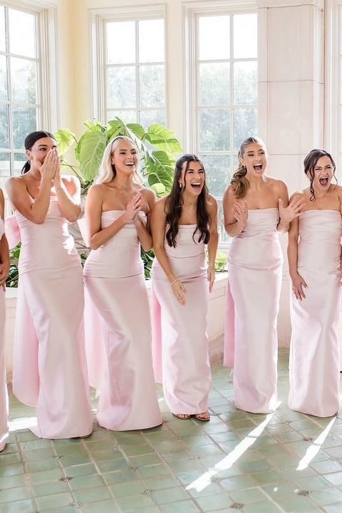 Strapless Pink Scoop Pleated Satin Long Bridesmaid Dress with Big Bow Modsele Strapless Pink Scoop Pleated Satin Long Bridesmaid Dress with Big Bow Modsele