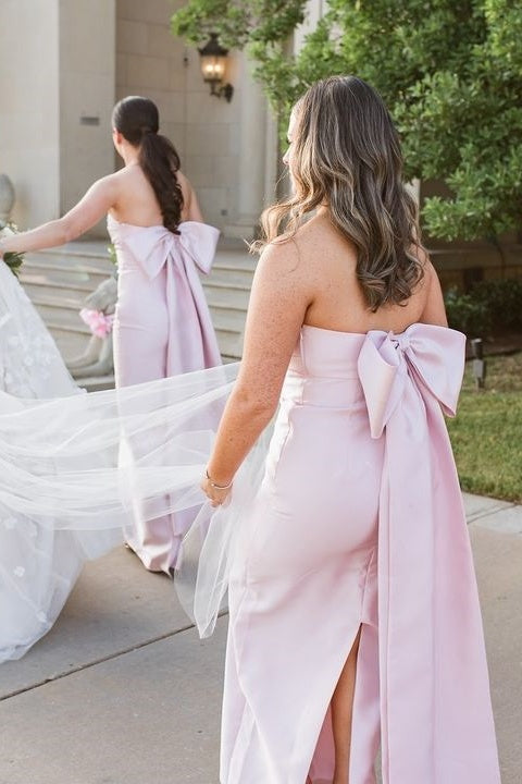 Strapless Pink Scoop Pleated Satin Long Bridesmaid Dress with Big Bow