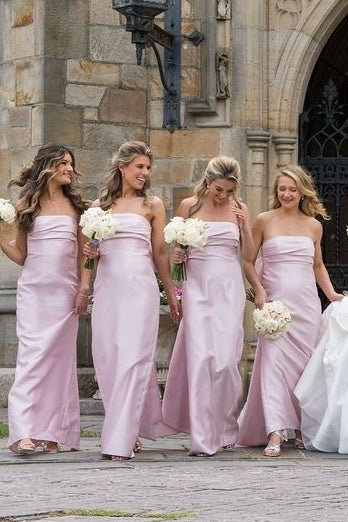 Strapless Pink Scoop Pleated Satin Long Bridesmaid Dress with Big Bow Modsele Strapless Pink Scoop Pleated Satin Long Bridesmaid Dress with Big Bow Modsele