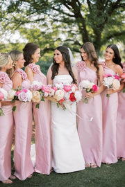 Pink One Shoulder Flower Sleeveless Satin Long Bridesmaid Dress