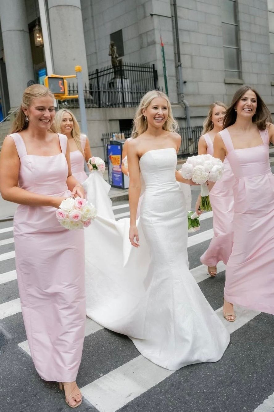 Pink Straps Square Neck Satin Sleeveless Long Bridesmaid Dress