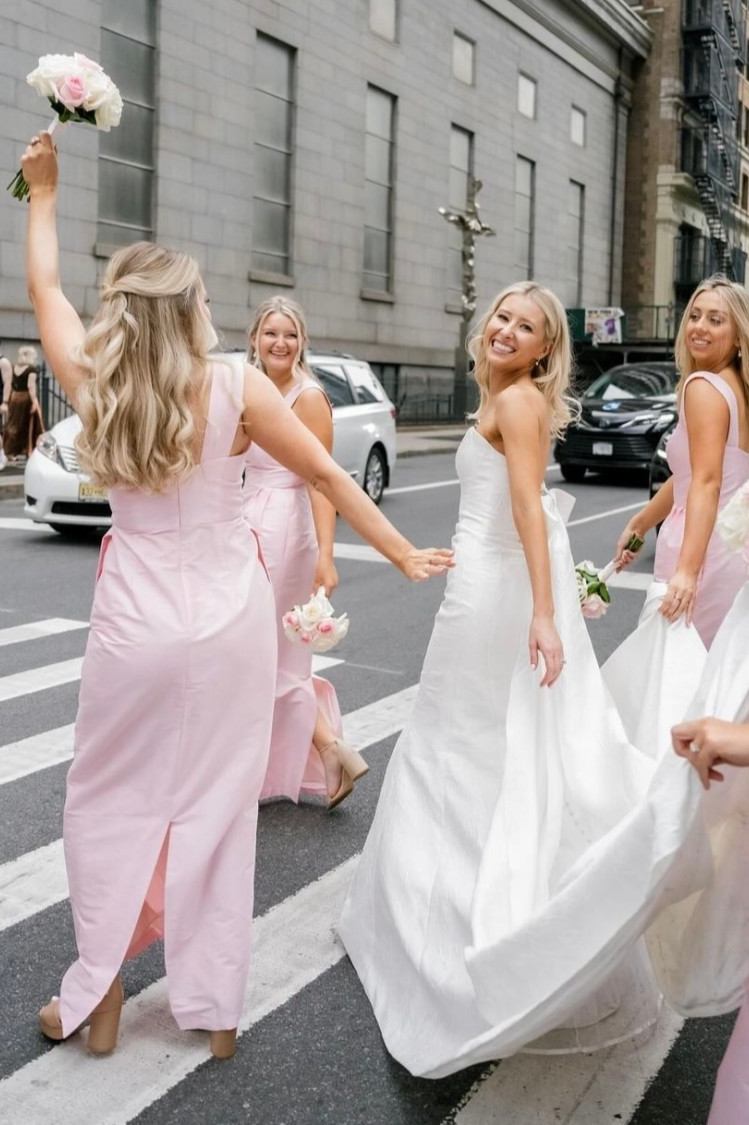 Pink Straps Square Neck Satin Sleeveless Long Bridesmaid Dress