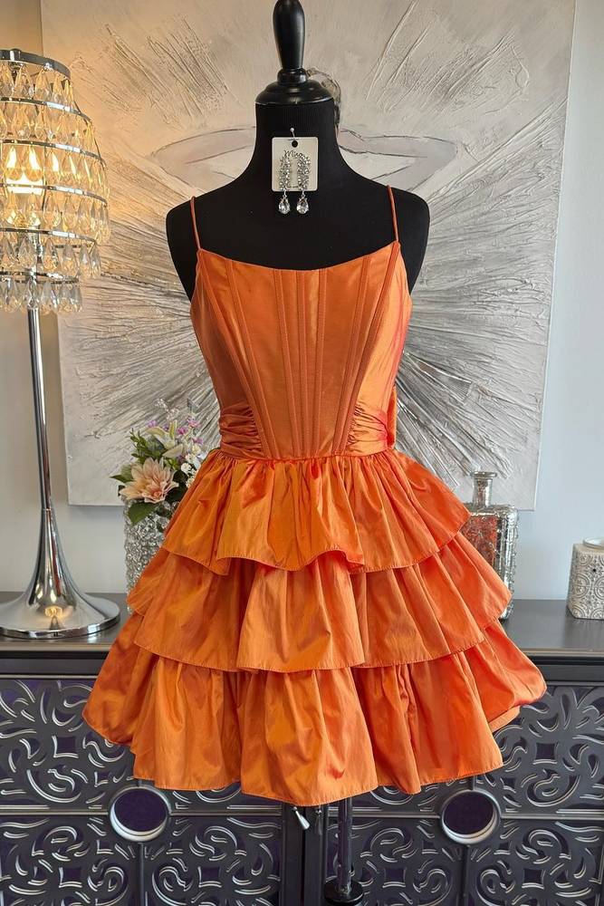 Chic Spaghetti Straps Sleeveless A-Line Ruffle Satin Homecoming Dress Modsele Chic Spaghetti Straps Sleeveless A-Line Ruffle Satin Homecoming Dress Modsele