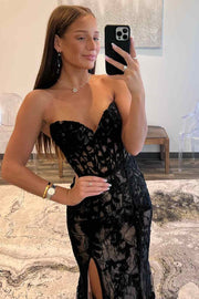 Black Strapless V-Neck Lace Appliques Side Slit Long Prom Dress