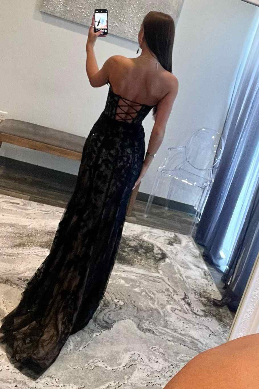 Black Strapless V-Neck Lace Appliques Side Slit Long Prom Dress