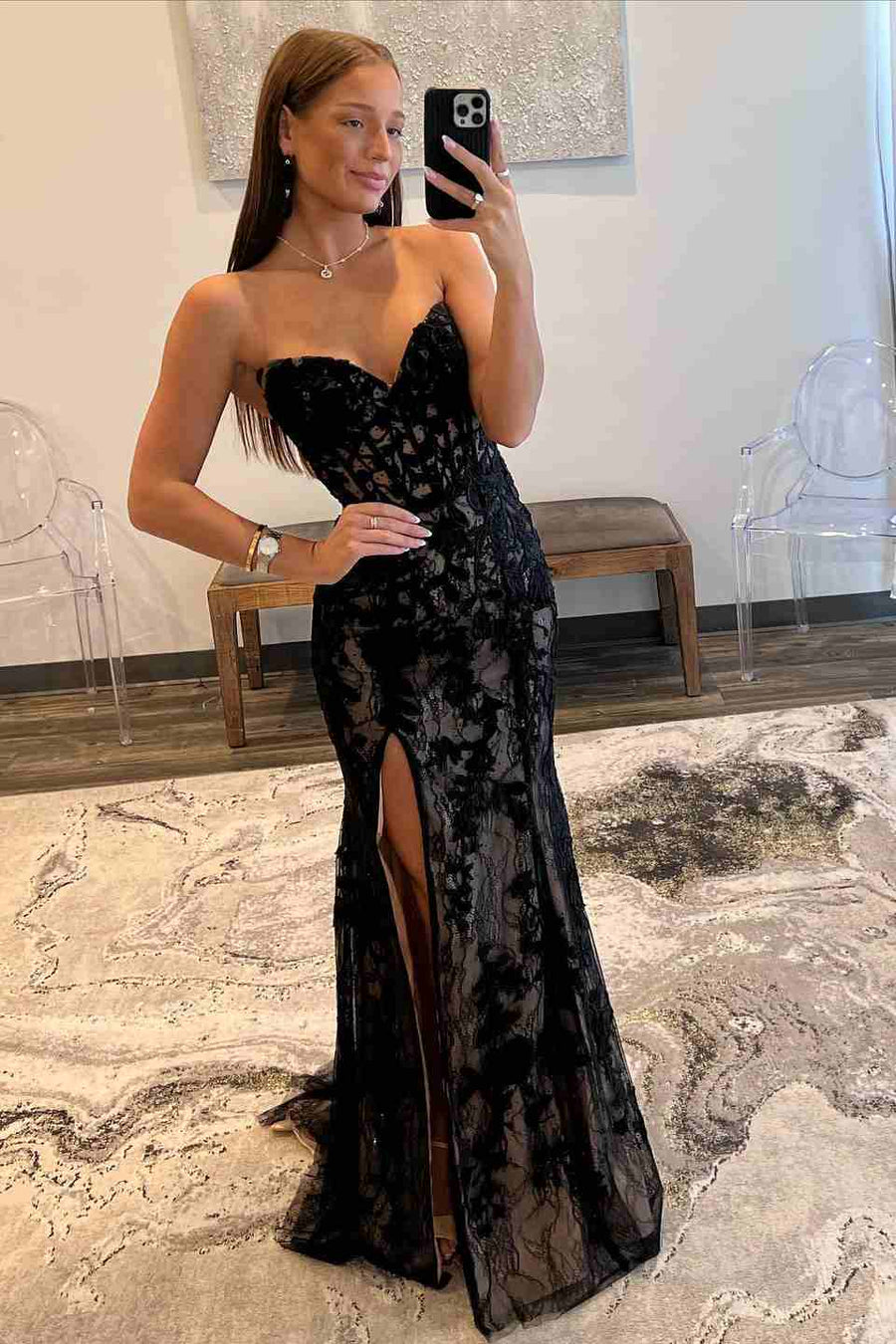 Black Strapless V-Neck Lace Appliques Side Slit Long Prom Dress