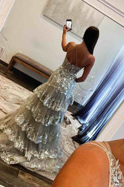 One Shoulder A-Line Tiered Sequins Appliques High Slit Prom Dress Long