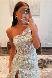 One Shoulder A-Line Tiered Sequins Appliques High Slit Prom Dress Long