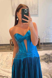 Strapless A-Line Empire-Waist Metallic Pleated Keyhole Long Prom Dress