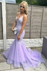 Mermaid Spaghetti Straps V-Neck Appliques Lavender Long Prom Dress