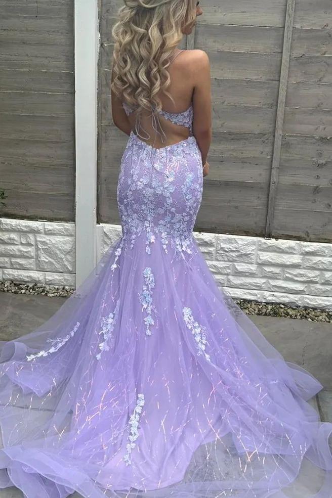 Mermaid Spaghetti Straps V-Neck Appliques Lavender Long Prom Dress