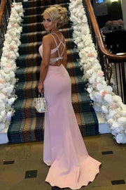 Pink Mermaid Scoop Sleeveless Satin Long Formal Evening Gown