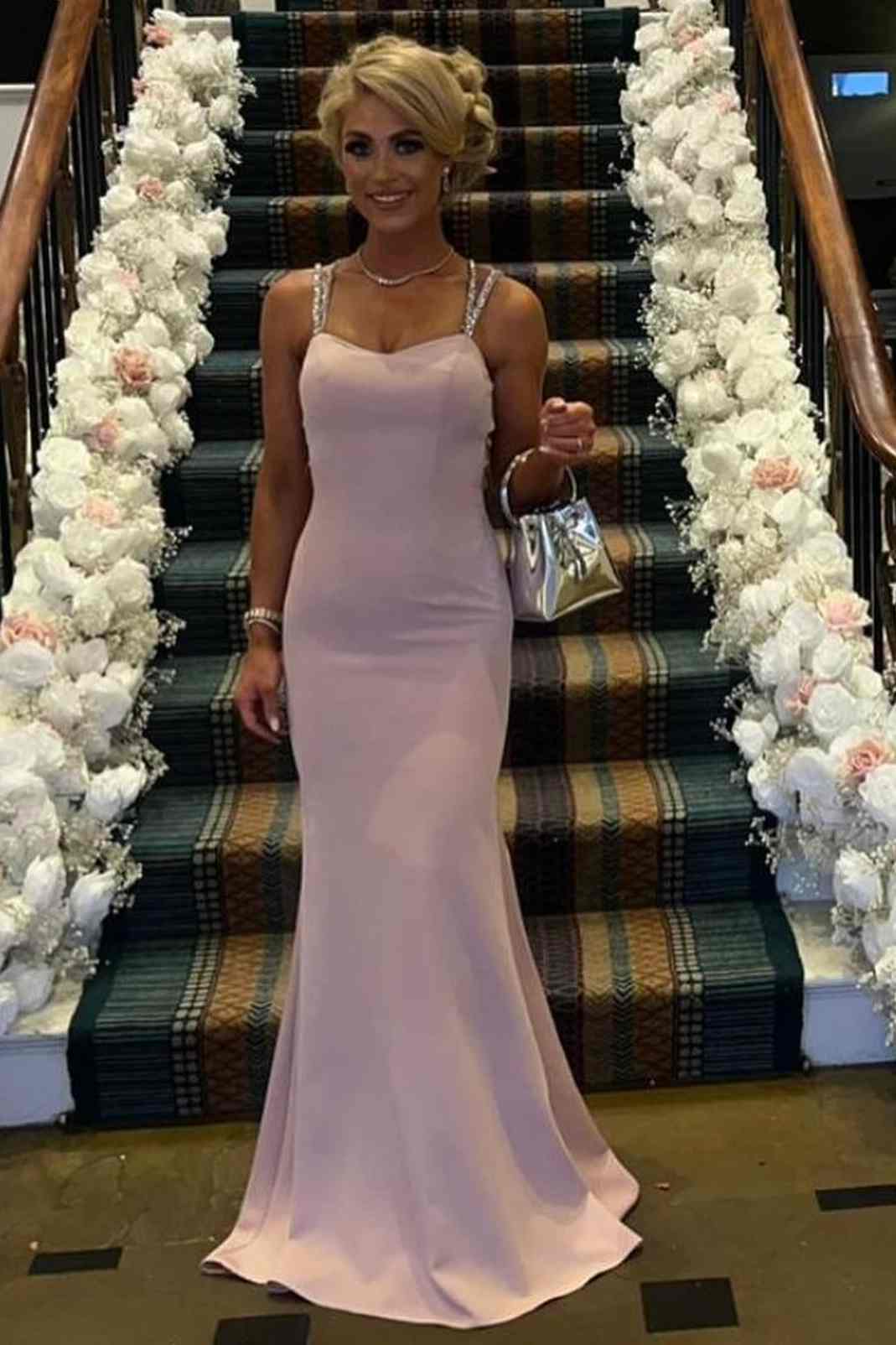 Pink Mermaid Scoop Sleeveless Satin Long Formal Evening Gown