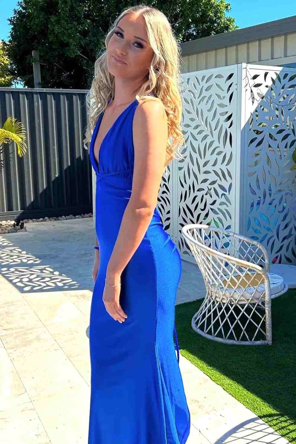 Royal Blue Plunging V-Neck Sleeveless Satin Mermaid Long Formal Dress