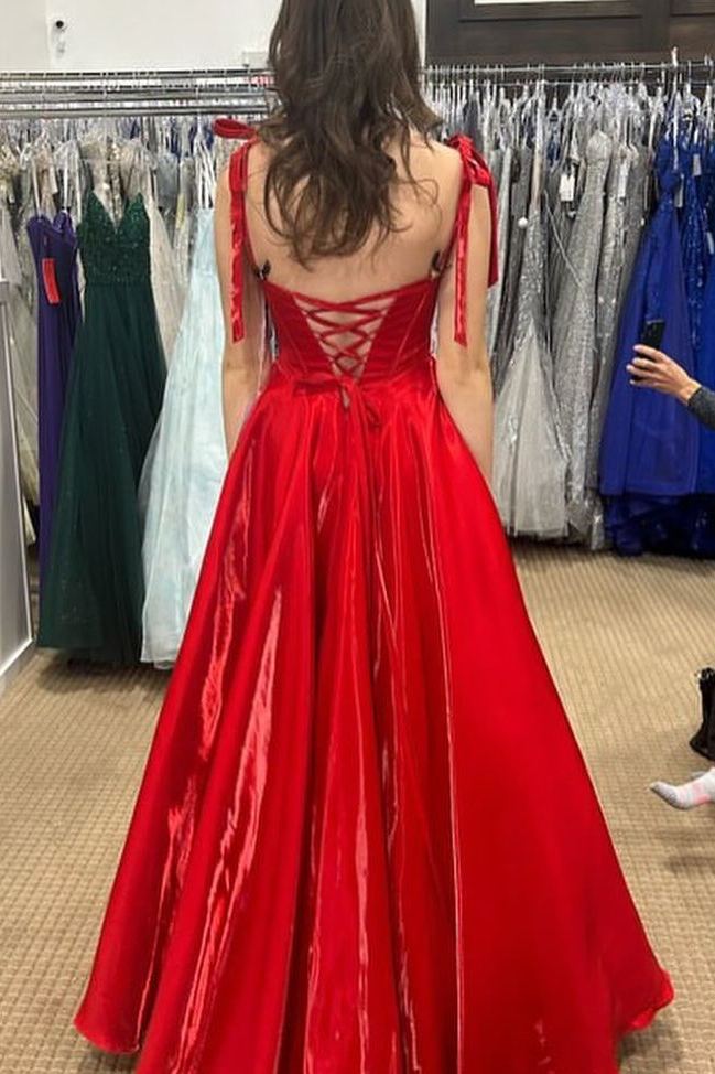 Red A-Line Straps Sweetheart Pleated Sleeveless Prom Dress Long