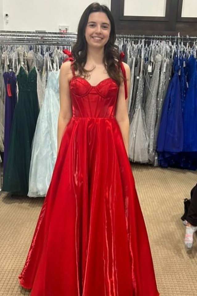 Red A-Line Straps Sweetheart Pleated Sleeveless Prom Dress Long