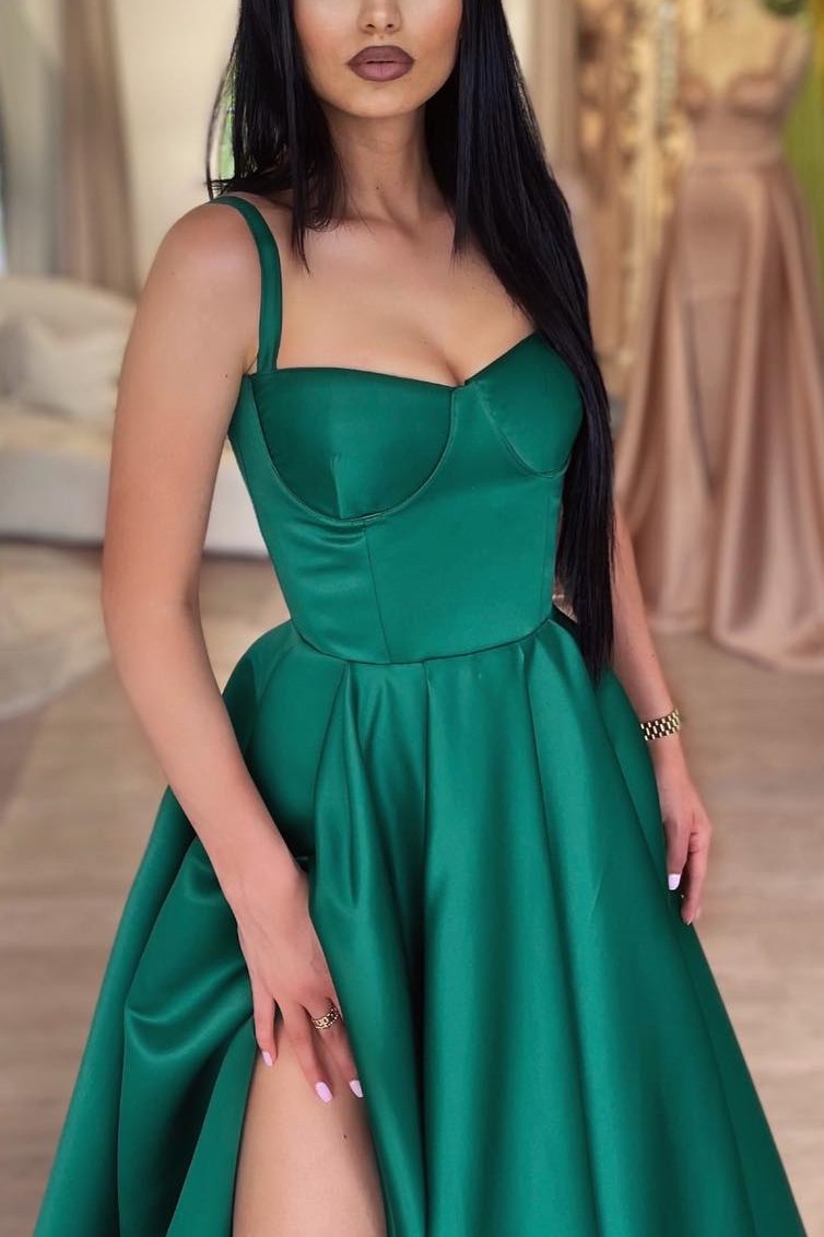 A-Line Spaghetti Straps Empire-Waist Satin Pleated Long Prom Dress wit Modsele A-Line Spaghetti Straps Empire-Waist Satin Pleated Long Prom Dress wit Modsele